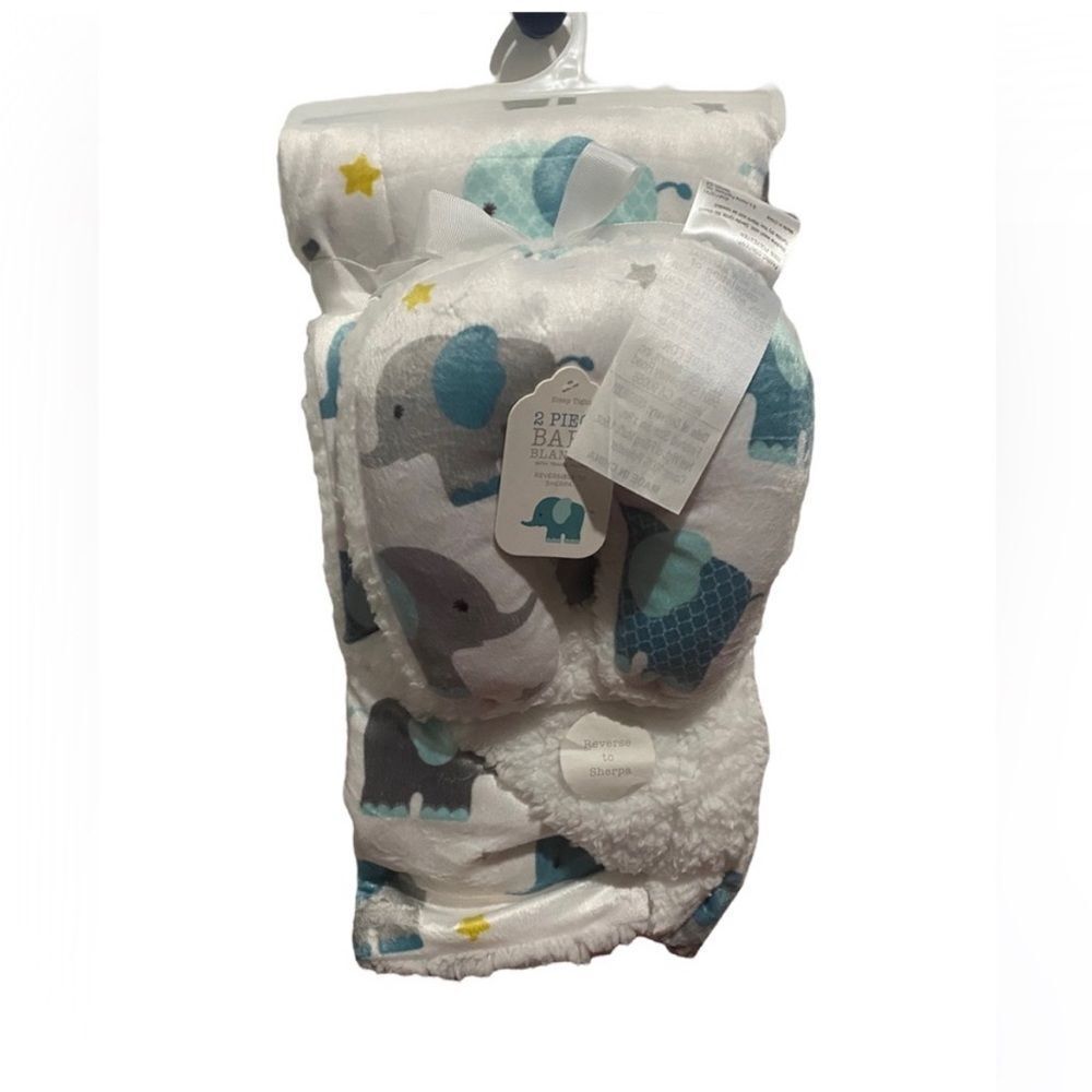 NEW 2pc Baby Blanket Reversible Sherpa 30" x 40" Elephant Pillow